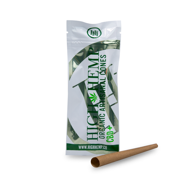 High Hemp Organic Artisanal Cones resealable pouch with a brown pre-rolled hemp cone placed in front