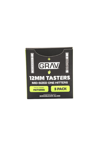 Front of the black GRAV Patterns box with lime-green accents, labeled 12 mm Tasters and 5 Pack.