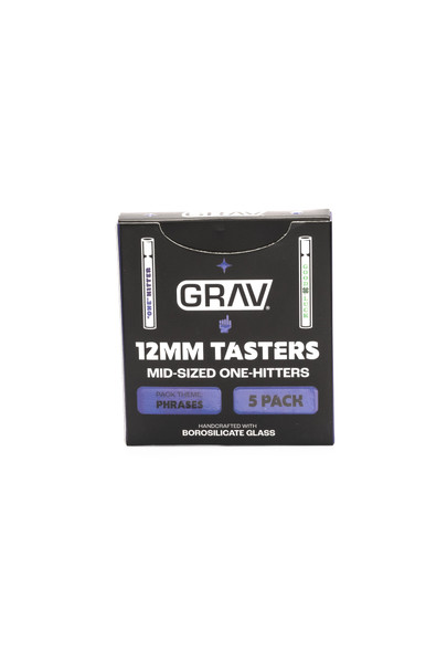 Front of the black GRAV Phrases box with purple accents, labeled 12 mm Tasters and 5 Pack.