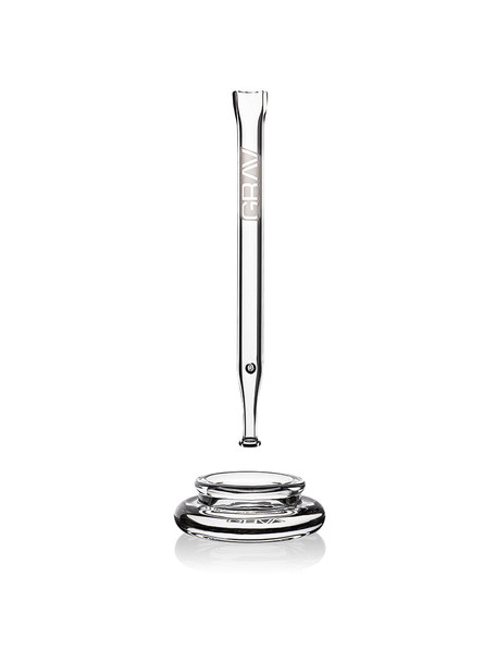 Clear GRAV quartz vape straw positioned vertically above the round borosilicate dab dish.