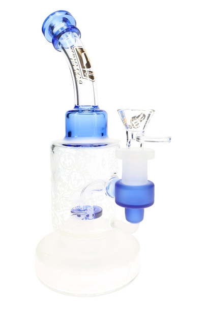 6B Glass water pipe with blue accents, bent neck, frosted chamber graphics, showerhead perc, and clear bowl.