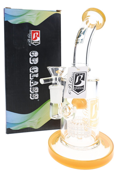 6B Glass water pipe with bent neck, yellow accents, dome matrix perc, and clear bowl beside a branded box.