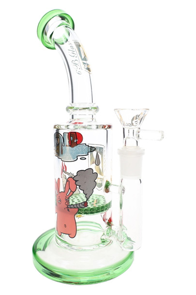 6B Glass decal water pipe with green accents, curved mouthpiece, honeycomb perc, and glass bowl.