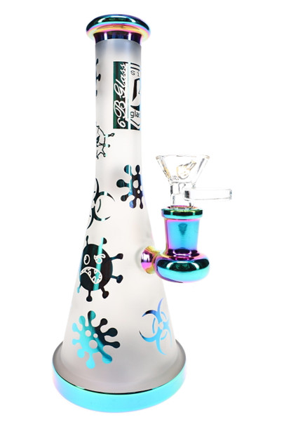 6B Glass frosted biohazard beaker water pipe with metallic germ graphics, rainbow accents, and clear bowl.