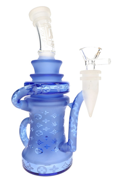Blue 6B Glass frosted recycler water pipe with leaf-and-flower patterns, curved neck, side tubing, and clear bowl.