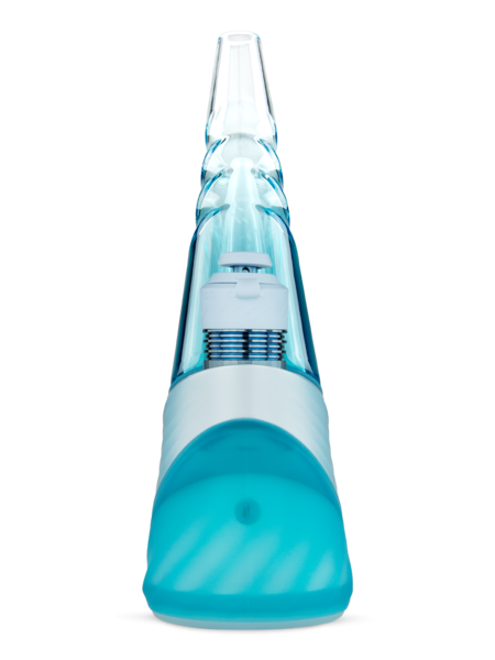 Front view of the blue-and-white Puffco Glacier Peak Pro 3DXL with sculpted glass and matching chamber