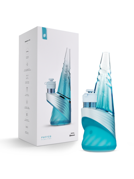 Puffco Glacier Peak Pro 3DXL e-rig in blue and white beside its matching retail box