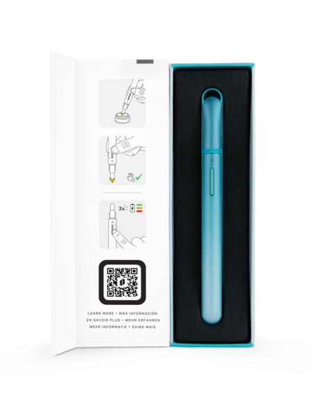 Puffco Glacier Hot Knife with cap on, seated inside its open white and turquoise retail box