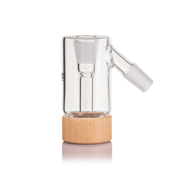 MJ Arsenal Alpine 45° ash catcher in clear glass with a Beechwood base, shown from the side.
