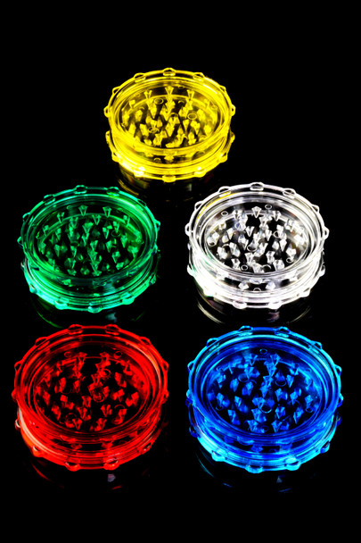Assorted color acrylic grinders on black background, 2-part 3" counter add-on for wholesale buyers