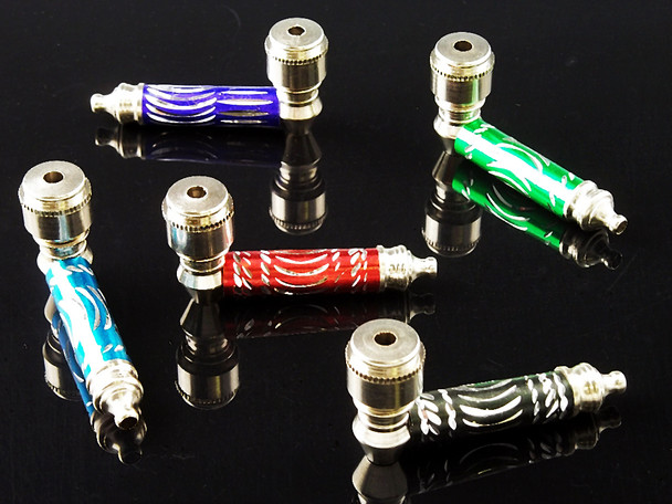 Five assorted-color metal pipes with caps arranged on a reflective surface, ready for wholesale display.