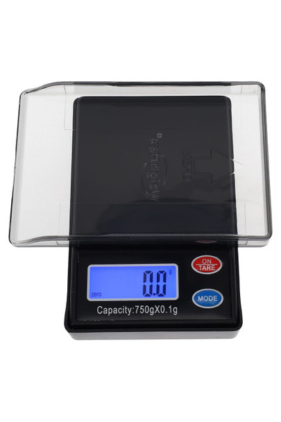 Wholesale digital pocket scale WeighMax DS118 displaying 750 g × 0.1 g capacity on back-lit LCD, compact unit centered on white background. (102 characters)