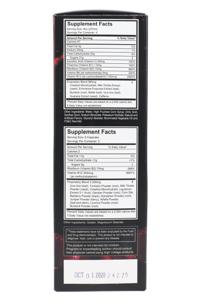High Voltage Permanent Flush 5-Day kit, bulk back label panel with supplement facts and usage directions in a tall vertical layout.