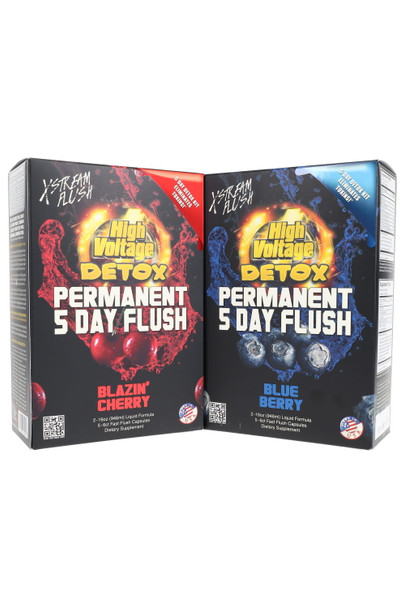 High Voltage Permanent Flush 5-Day Detox kit for wholesale, front angle showing twin boxed variants in blue/red on a white backdrop.