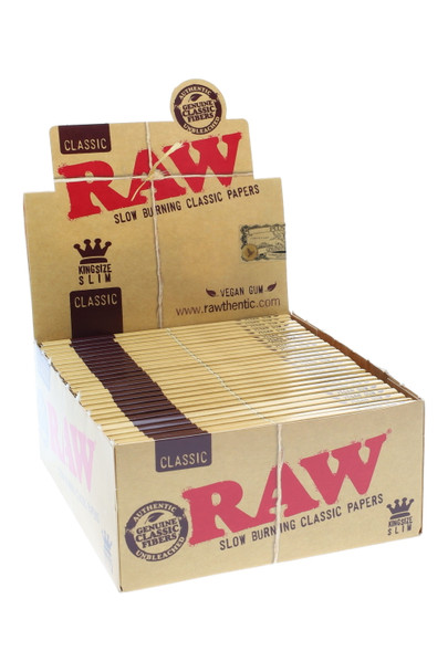 Wholesale RAW King Size Slim papers display, 50 packs with 32 leaves each, kraft counter box with flip-top header, angled front view.