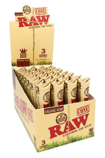 RAW Organic King Size cone display for wholesale rolling accessory resale, open kraft 32-pack counter box with green packs