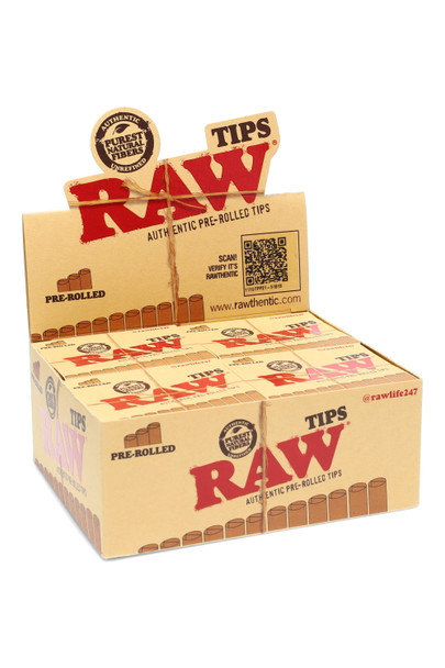 Wholesale RAW pre-rolled tips display, kraft 20-pack counter POP box with flip-top header, angled front view for smoke-shop buyers.