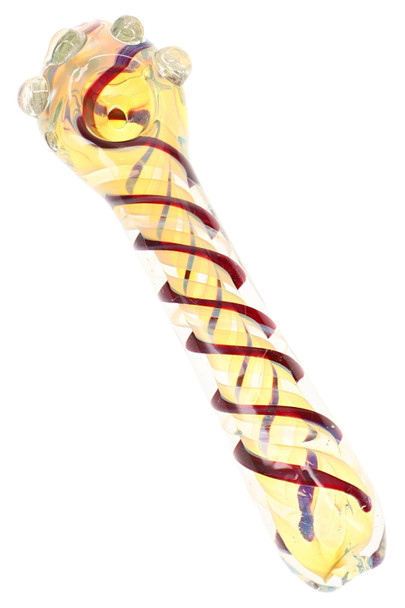 6" color-changing glass spoon pipe with red spiral stripe, amber-toned body, and raised glass accents