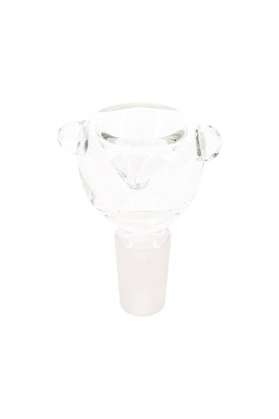 Clear 14.5 mm male glass bowl with side handles, front view; wholesale head-shop supplies component
