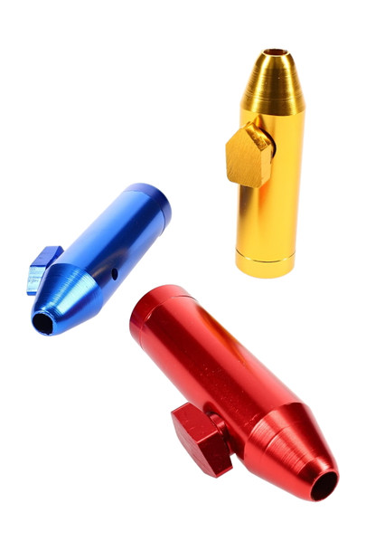 Assorted 2" metal bullet snuff vials in blue, red, and gold with side knobs and open tips