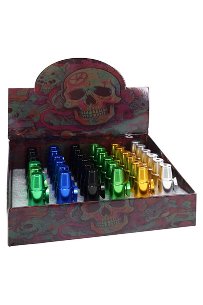 36-piece display of assorted metallic bullet snuff vials in skull-art countertop box