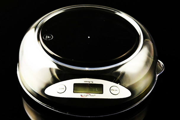 Wholesale WeighMax W-2810 scale without bowl, black glass platform, backlit display, compact head-shop supply side view