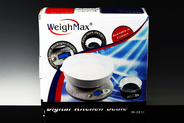 Wholesale packaging for WeighMax W-2810 kitchen scale, 5 kg × 1 g specs printed on retail box, shelf-ready front view
