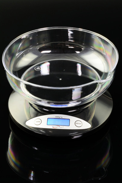 Wholesale kitchen scale with 5 kg capacity, WeighMax W-2810 black base, clear removable bowl, blue LCD, overhead studio angle