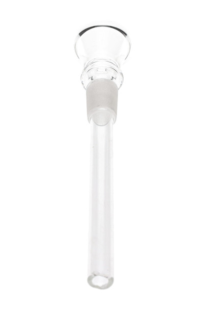 14.5 mm male glass-on-glass slider bowl, 5" length with 3" measure point; clear glass and frosted joint, straight-on angle for wholesale listings.