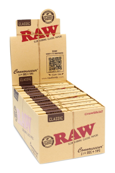 RAW Classic Connoisseur 1 ¼ papers + tips wholesale display, kraft tan box, 24 packs, front-left angled view