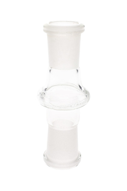 Clear glass female-to-female adapter with frosted 14.5 mm joints, straight profile on white—reliable head-shop supplies component. Clear glass female-to-female adapter with frosted 14.5 mm joints, straight profile on white—reliable head-shop supplies component.