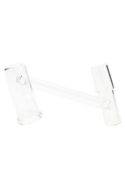 Clear glass drop-down sidecar adapter with 18.8 mm male and female ends, non-frosted joints, angled studio view—reliable wholesale head-shop component. Clear glass drop-down sidecar adapter with 18.8 mm male and female ends, non-frosted joints, angled studio view—reliable wholesale head-shop component.