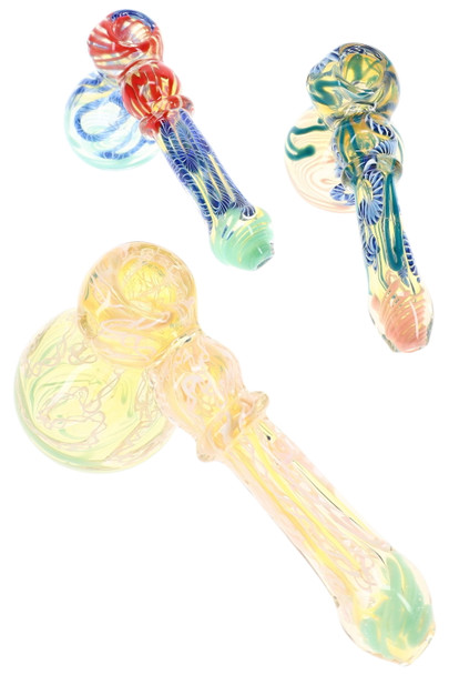 Assorted 6" color changing hammer bubblers with multicolor squiggle stripes and glass ring details