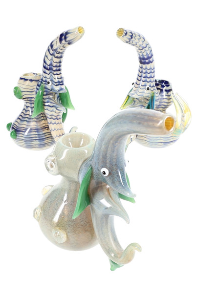 Wholesale 6.5-inch silver-fumed reverse sherlock bubbler with blue ribbon neck and green glass spikes, front angled product view.