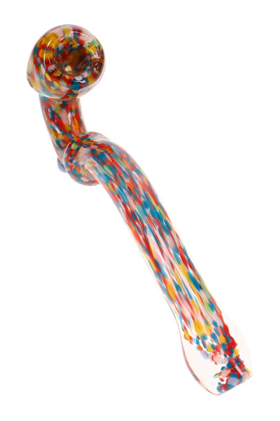 7" confetti glass Sherlock pipe with a curved stem, rounded bowl, and multicolor confetti pattern shown from an angled front view.