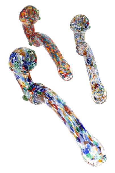 Assorted 7" confetti glass Sherlock pipes in multiple color patterns with curved stems displayed together for smoke shop glassware selection.