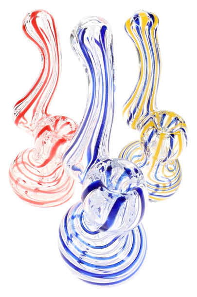 Three clear glass Sherlock bubblers with red, blue, and yellow striped designs arranged on a white background
