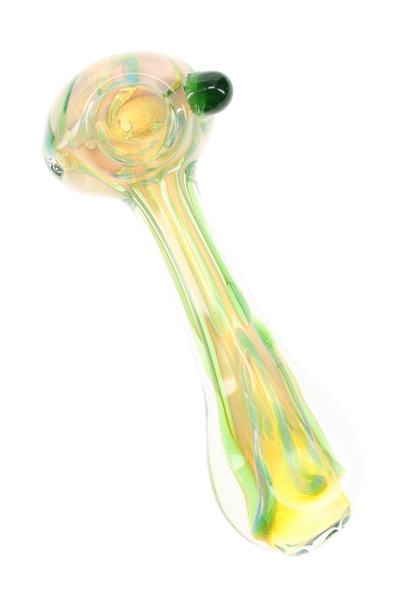 Yellow and green glass spoon pipe with rounded bowl, raised green accent, and elongated teardrop-shaped body