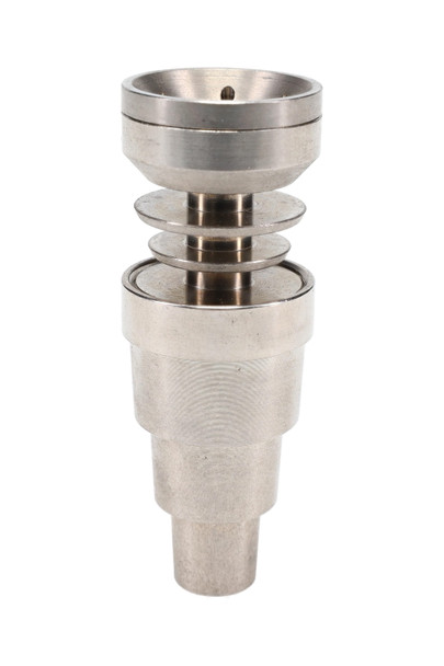 Wholesale stainless steel domeless nail with cap, polished finish, male joint end showing tiered multi-size 10 mm 14 mm 18 mm compatibility, front view