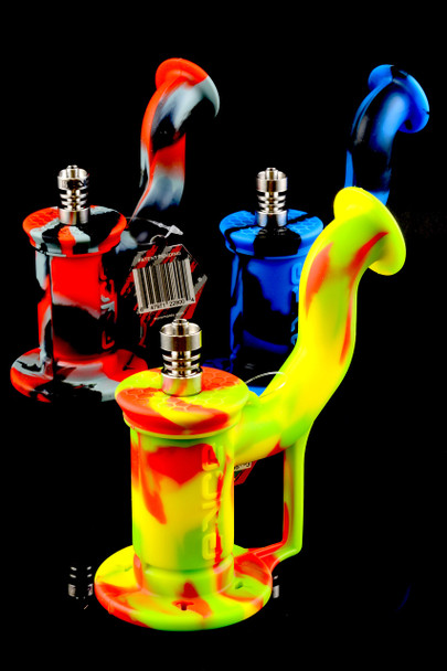 Neon yellow-red Eyce Rig II silicone dab rig with 10 mm titanium nail and glass collar, 7-inch size, wholesale head-shop rig, glossy black studio angle.