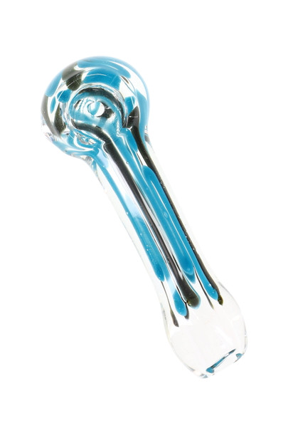 3.5" clear glass spoon pipe with blue and black stripe accents, angled close-up for smoke shop wholesale inventory