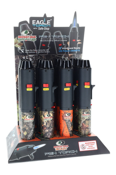 Wholesale Eagle Pen Torch 12-count camo lighter display, Mossy Oak licensed wraps, countertop front angle with Safe-Stop branding.