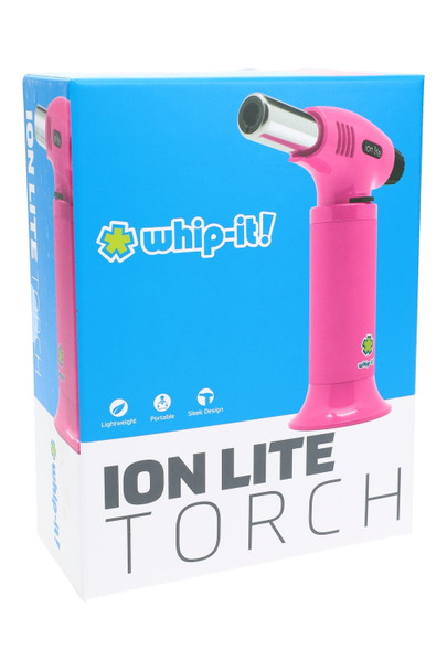 Whip-It Ion Lite Torch retail box, pink variant, front angle—compact torch lighter ideal for bulk retail smoke shops.