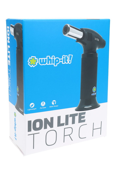 Whip-It Ion Lite Torch retail box, all-black variant, front angle—compact torch lighter for bulk shop restocks.