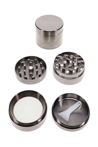Open 1.5" zinc alloy metal grinder with screen and scraper for wholesale smoke shop grinder displays