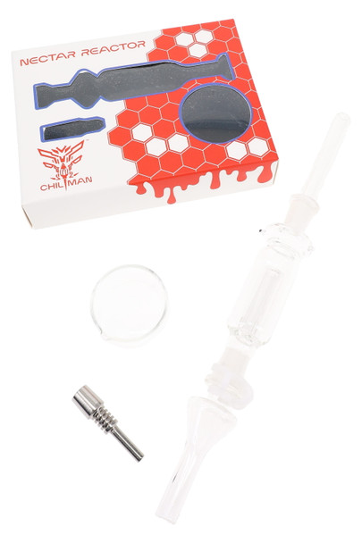 Chillman Nectar Reactor box with clear glass reactor, dish and titanium nail tip, wholesale dab kit flat lay