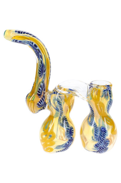 Yellow and blue glass Sherlock bubbler with two rounded chambers, curved neck, and squiggle-stripe accents