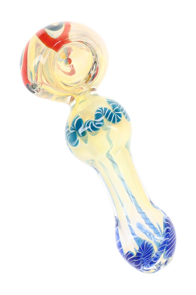 Color-changing glass spoon pipe with blue striped squiggle accents and red detail around the rounded bowl