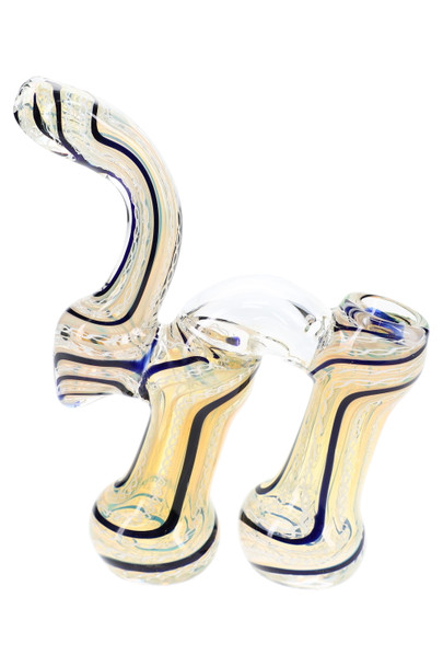 Clear and pale yellow double-chamber Sherlock bubbler with dark blue stripes and a tall curved mouthpiece