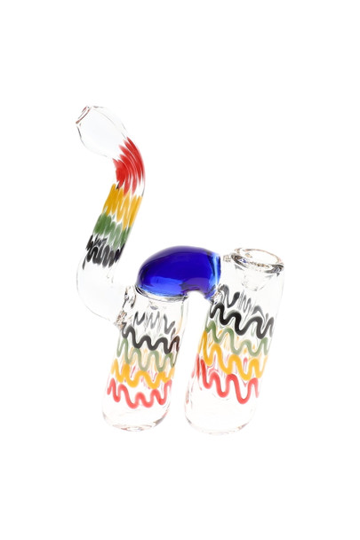 7.5-inch clear glass double-chamber sherlock with rasta squiggle striping and cobalt bridge, right-side view for head-shop wholesale listings 7.5-inch clear glass double-chamber sherlock with rasta squiggle striping and cobalt bridge, right-side view for head-shop wholesale listings